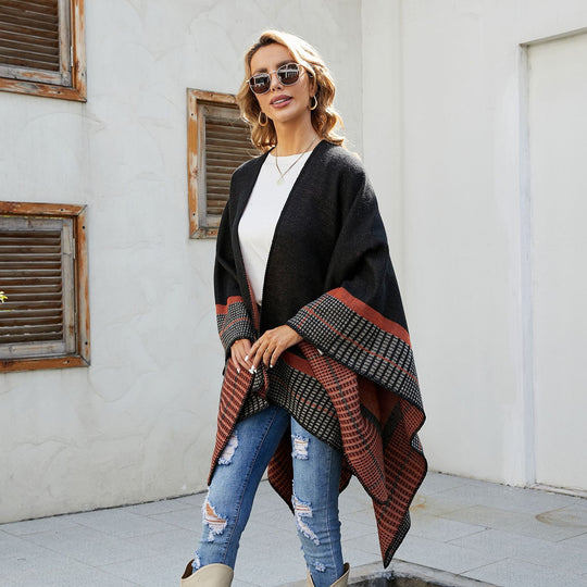 Damen Oversize-Capeponcho aus Wollmix mit kastigem Fall und feiner Bordürenstruktur Shop Nory