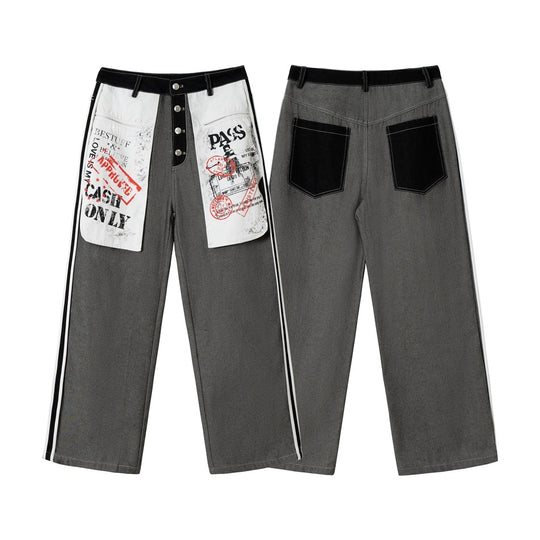 Damen Wide-Leg Cargo-Jeans mit aufgesetzten Grafik-Patches und Kontraststreifen Shop Nory