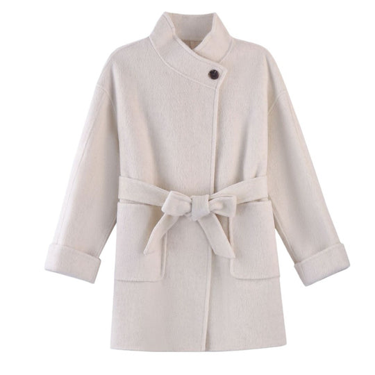 Damen Kurzer Wickel-Wollmantel mit hoher Knopfblende und aufgesetzten Taschen Shop Nory