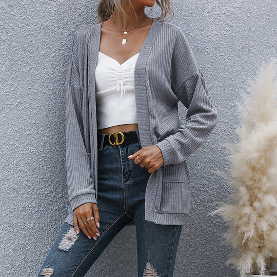 Damen lässiger gerippter Strickcardigan mit Taschen und offenem Schnitt Shop Nory