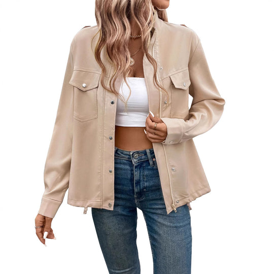 Damen Oversize Hemdjacke mit Druckknopf-Front, Brustklappen und Tunnelzugsaum Shop Nory