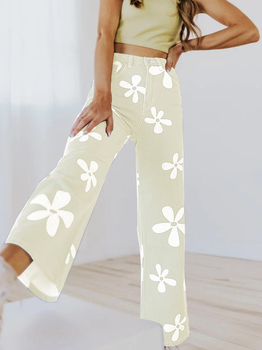Damen Hochtaillierte Wide-Leg-Jeanshose mit großflächigem Blumenprint Shop Nory