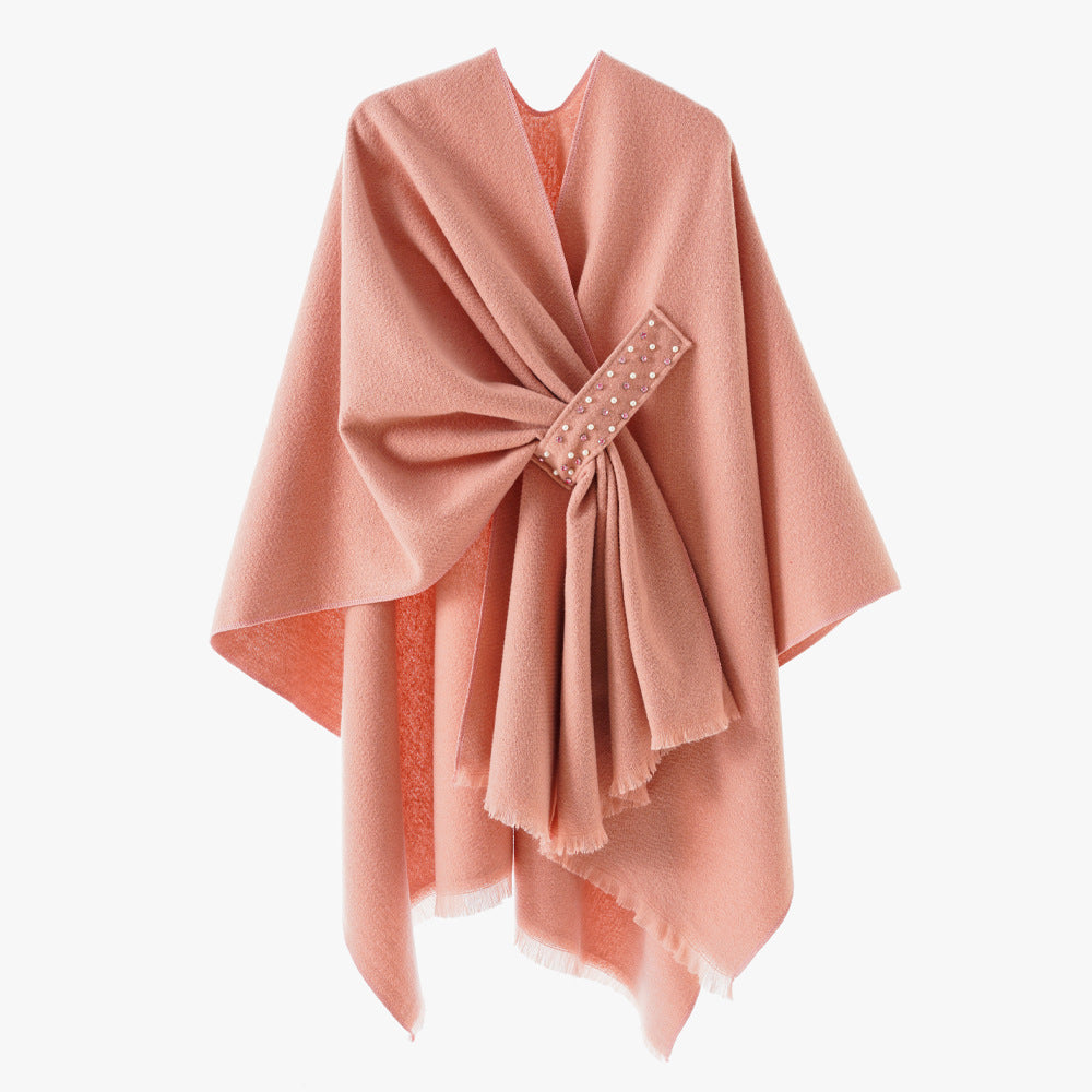 Damen Eleganter Wickel-Umhang aus Wollmischung mit Taillenschärpe und Fransensaum Shop Nory