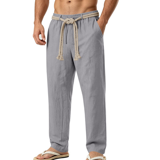 Herren lässige Leinen-Loungehose mit elastischem Bund, dekorativem Seilgürtel und Seitentaschen Shop Nory
