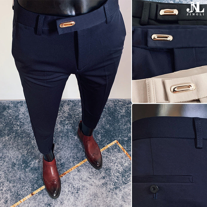 Herren taillierte Slimfit Anzughose mit elastischem Bund, verdecktem Reißverschluss und modischem Gürteldetail Shop Nory