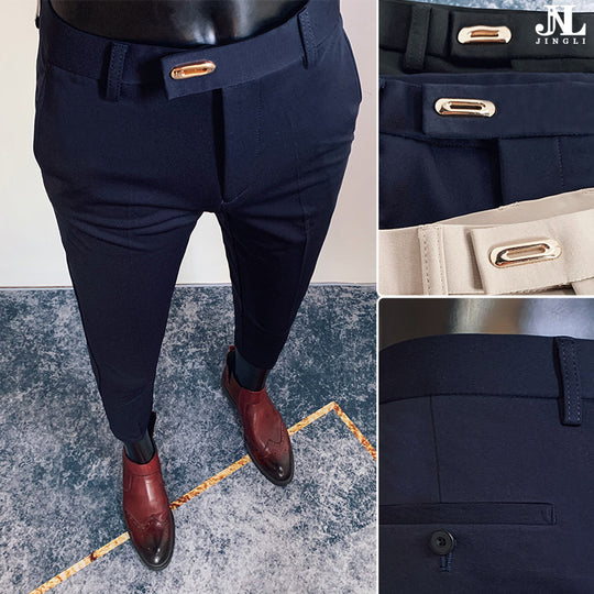 Herren taillierte Slimfit Anzughose mit elastischem Bund, verdecktem Reißverschluss und modischem Gürteldetail Shop Nory