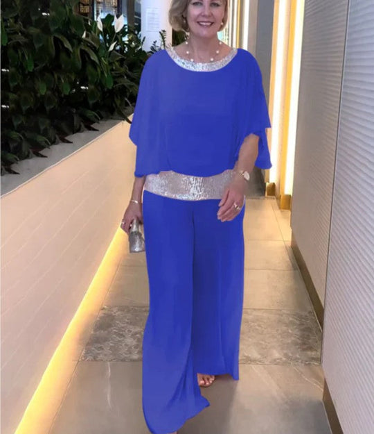 Damen Eleganter Jumpsuit mit schimmerndem Oberteil und weitem Bein