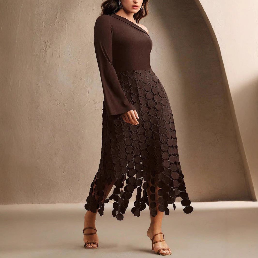 Damen Asymmetrisches Midikleid mit Ein-Schulter-Oberteil und Kreisapplikationsrock Shop Nory