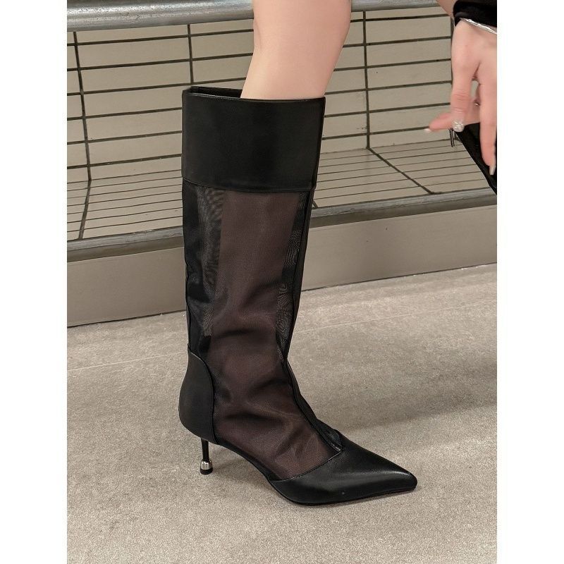 Damen Kniehohe Mesh-Stiefel mit spitzer Zehenpartie und sculpted Metall-Absatz Shop Nory