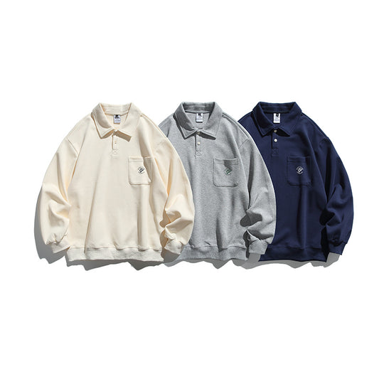 Unisex Oversize-Poloshirt-Sweatshirt mit Brusttasche und Rippsaum Shop Nory