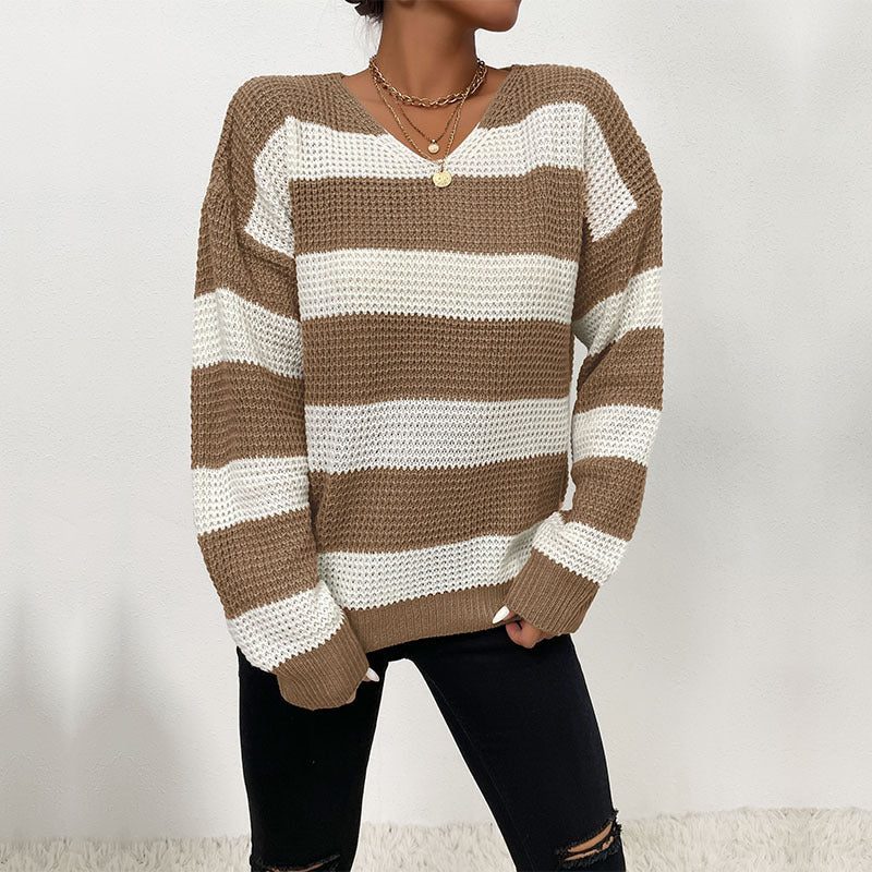 Damen Gestreifter Strickpullover mit V‑Ausschnitt und lässiger Oversize‑Passform Shop Nory