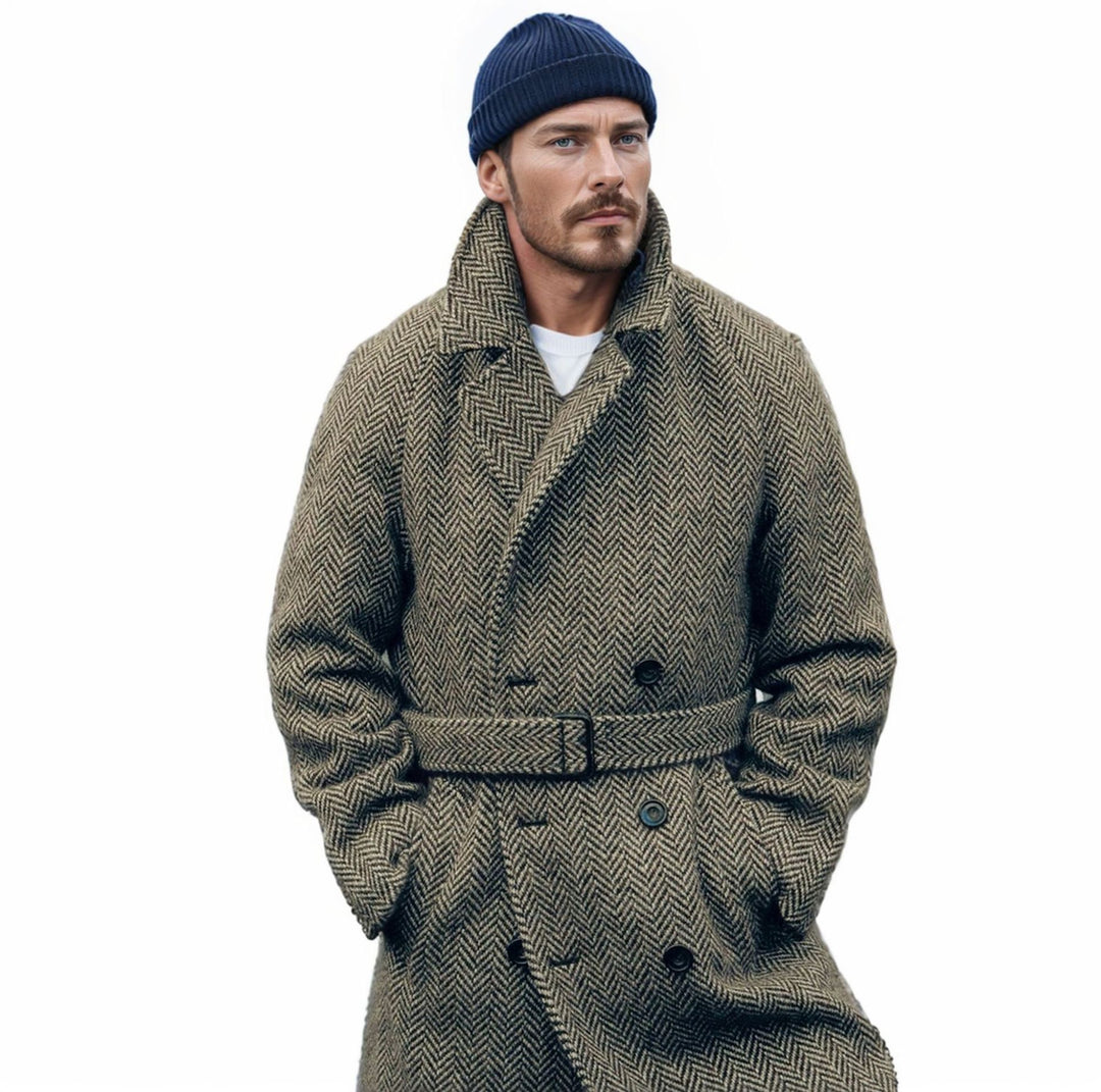 Herren Doppelreihiger Wollmix-Mantel mit Fischgrätstruktur und Taillengürtel Shop Nory