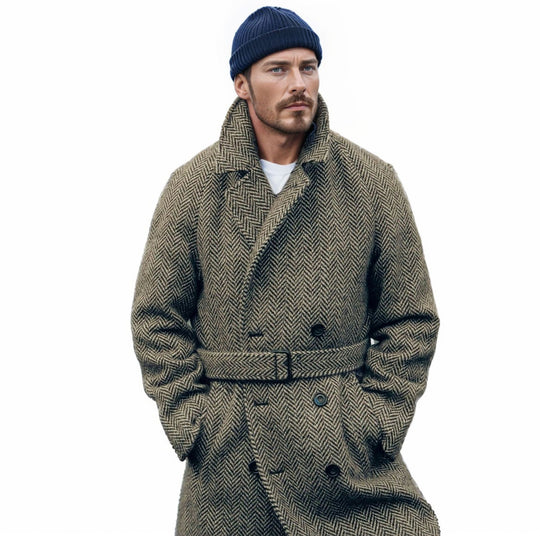 Herren Doppelreihiger Wollmix-Mantel mit Fischgrätstruktur und Taillengürtel Shop Nory