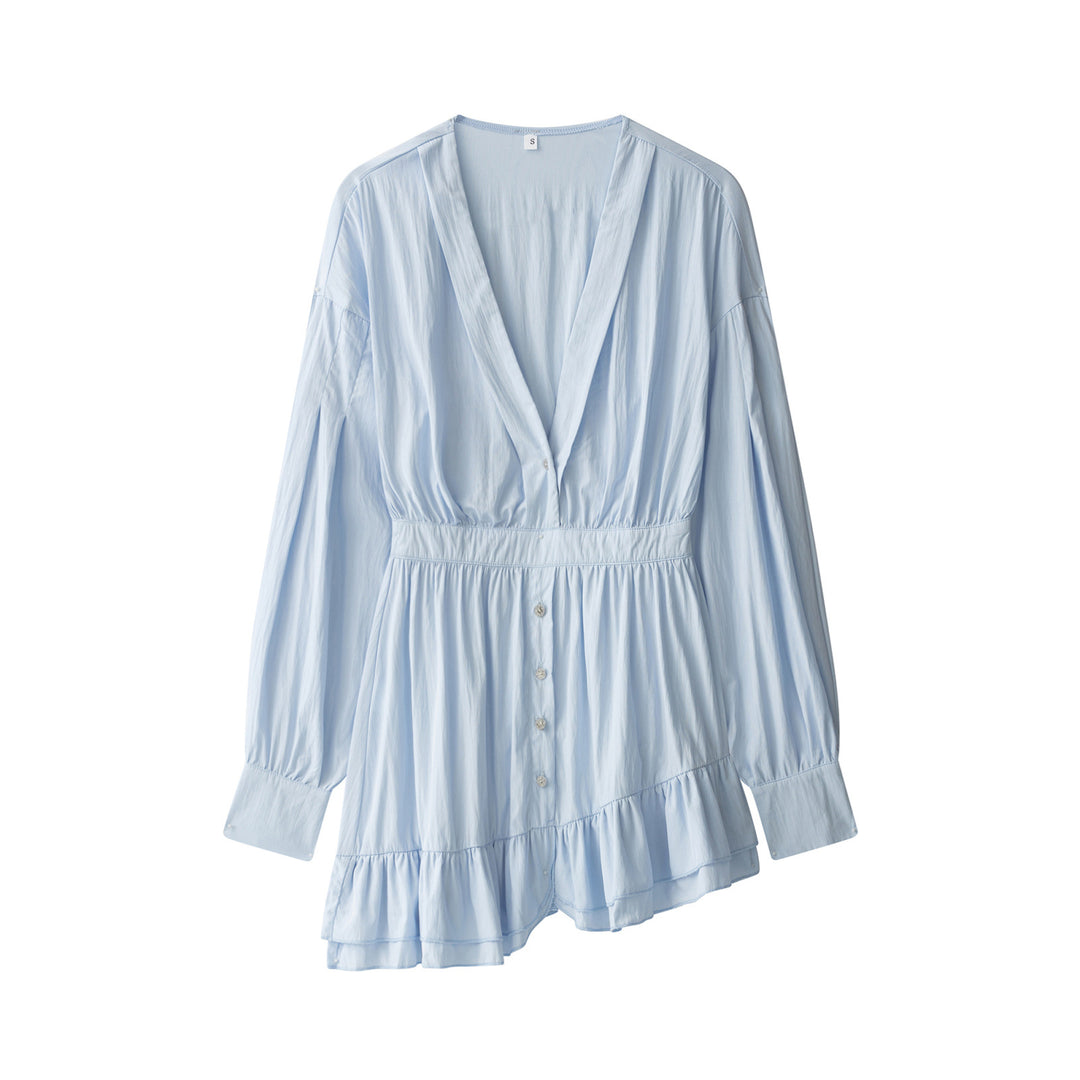 Damen Langes Tunika‑Kleid mit tiefem V‑Ausschnitt, tailliertem Riegel und Stufenvolant Shop Nory