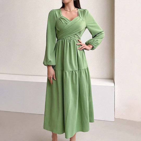 Damen langärmeliges Midikleid mit überkreuztem Drapé-Bustier, elastischer Unterbrustnaht und zweistufigem Stufenrock Shop Nory