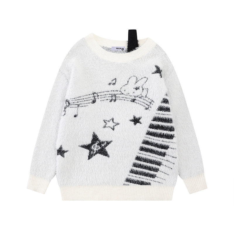 Damen Kuscheliger Strickpullover mit Cartoon-Noten- und Sternmotiv Shop Nory