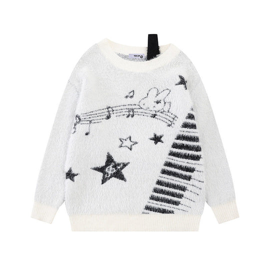 Damen Kuscheliger Strickpullover mit Cartoon-Noten- und Sternmotiv Shop Nory