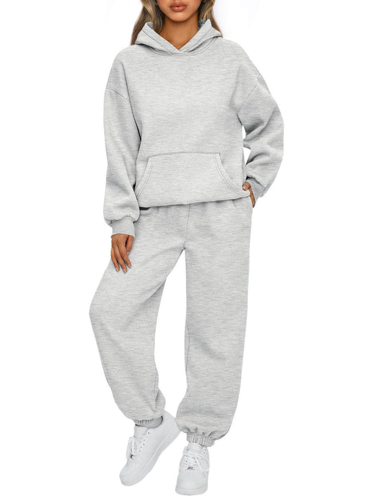 Damen nan gemütliches French-Terry Loungewear-Set mit doppellagiger Kapuze, Kängurutasche und elastischem Knöchel-Jogger Shop Nory