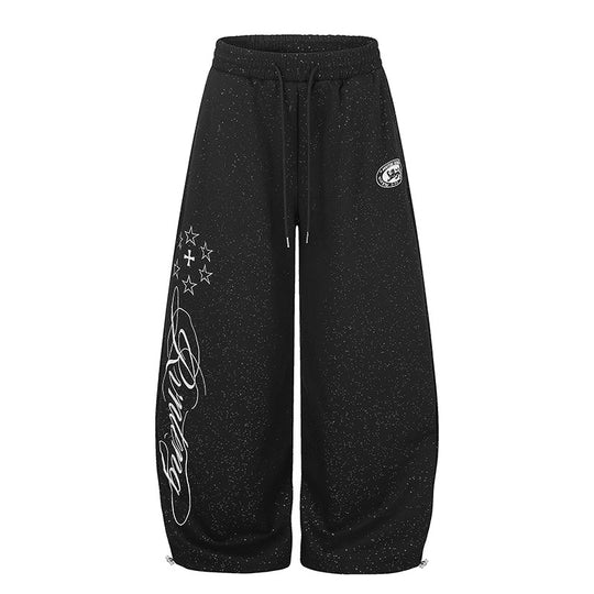 Damen Extraweite Palazzo‑Sweathose im Glitzer‑Nep mit Elastikbund, Kordelzug und Stern‑Script‑Print Shop Nory
