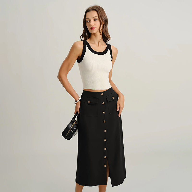 Damen Midirock mit durchgehender Knopfleiste, hoher Taille und aufgesetzten Taschen Shop Nory