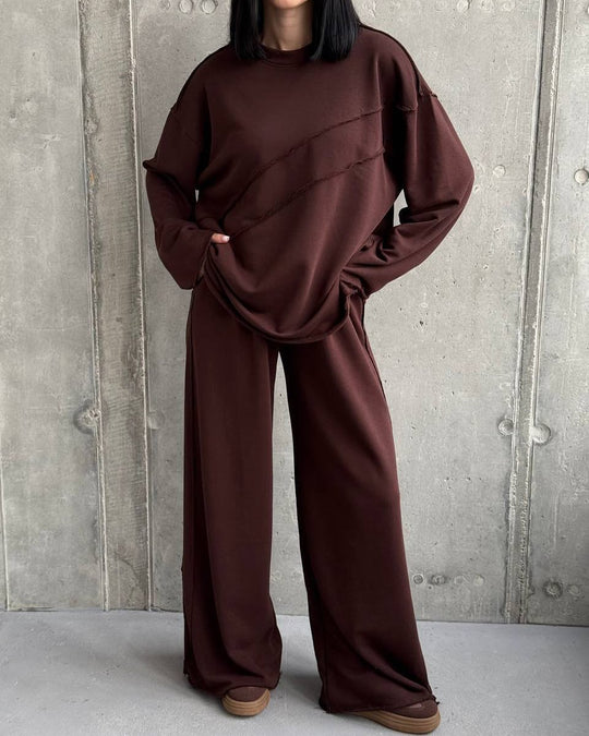 Damen weiches Oversize Lounge-Set mit diagonalem Ziernähten und extra weiter Palazzo-Hose Shop Nory
