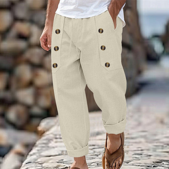 Herren Bequeme Leinenhose mit seitlichen Knöpfen und elastischem Bund