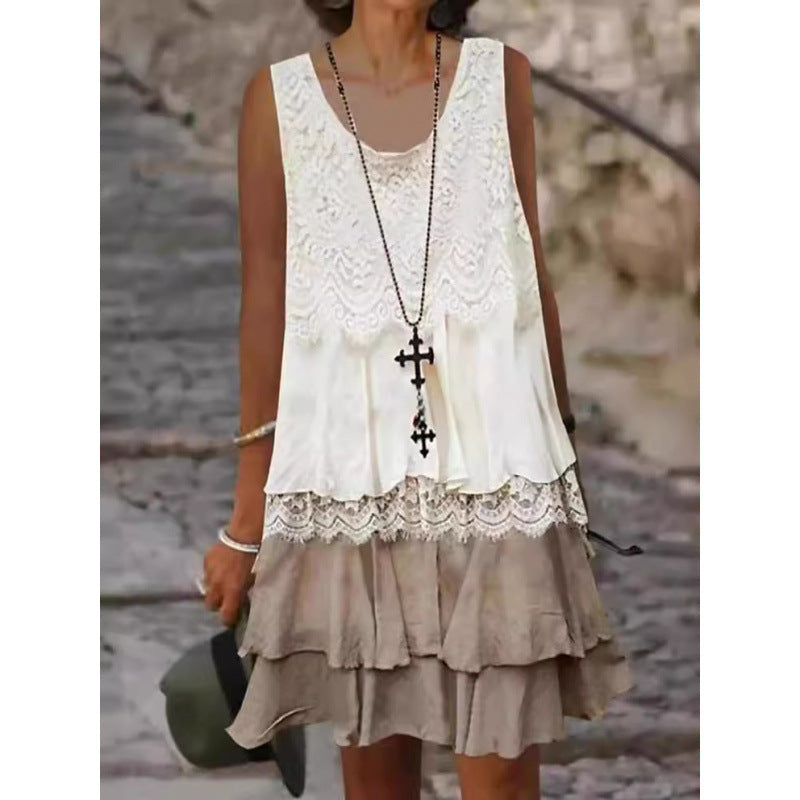 Damen lässiges Strandkleid mit Spitzenverzierung und voluminösem Rüschensaum