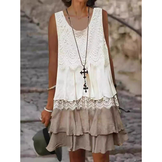 Damen lässiges Strandkleid mit Spitzenverzierung und voluminösem Rüschensaum
