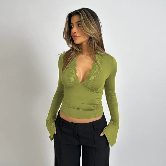 Damen Tief ausgeschnittenes Spitzentop mit langem Glockenärmel Shop Nory