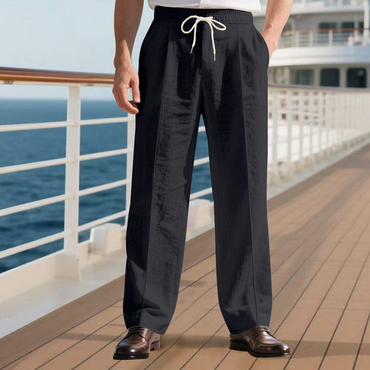 Herren nan legere Leinen-Bundfaltenhose mit elastischem Bund und Kordelzug