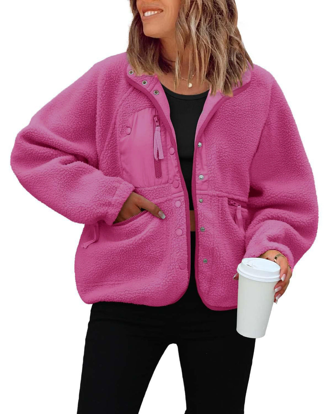 Damen kuschelige Fleecejacke mit praktischen Taschen