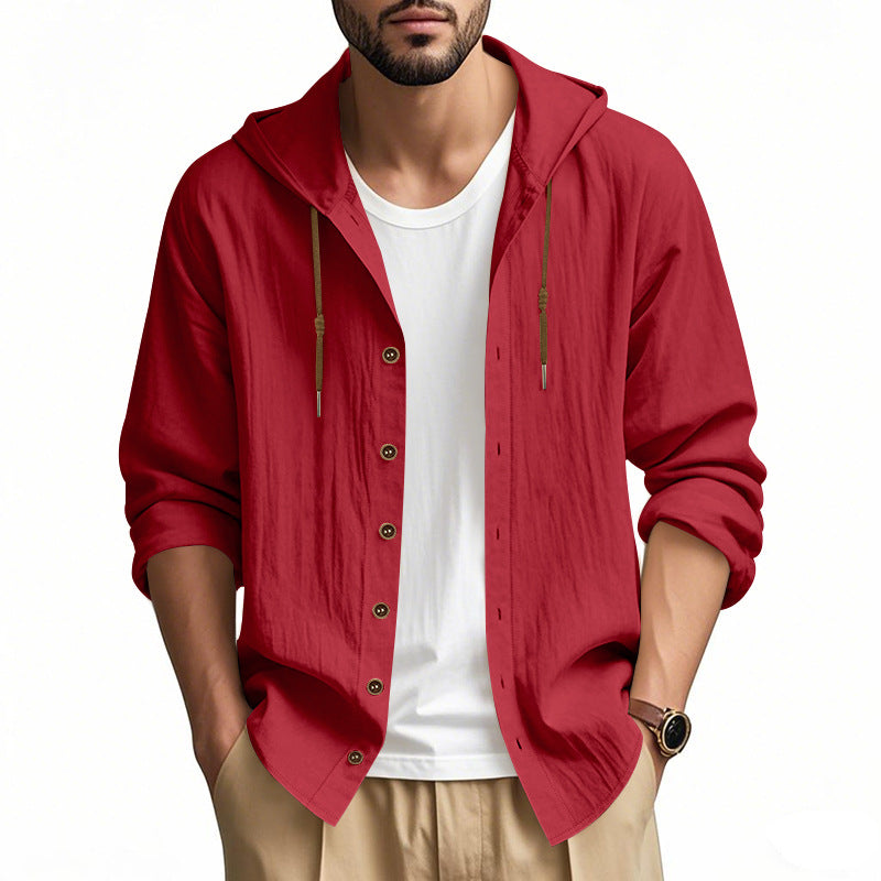 Herren nan leichtes Kapuzenhemdjacke aus Leinenoptik mit durchgehender Knopfleiste