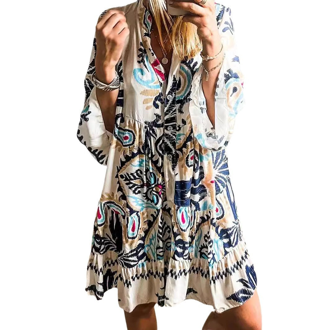Damen Lässiges Stufenkleid mit Tellerrock und Trompetenärmeln Shop Nory