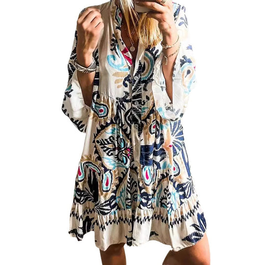 Damen Lässiges Stufenkleid mit Tellerrock und Trompetenärmeln Shop Nory