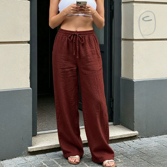 Damen Weite Leinenoptik-Hose mit Gummibund, Tunnelzug und Seitentaschen Shop Nory