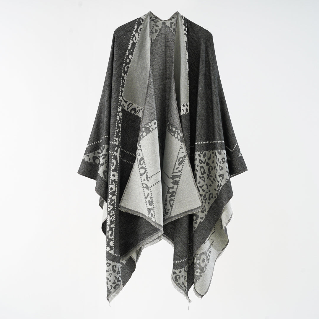 Damen Oversize Cape-Überwurf mit jacquardgewebten Patchmotiven und Fransensaum Shop Nory
