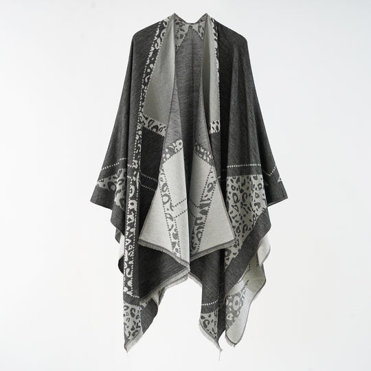 Damen Oversize Cape-Überwurf mit jacquardgewebten Patchmotiven und Fransensaum Shop Nory