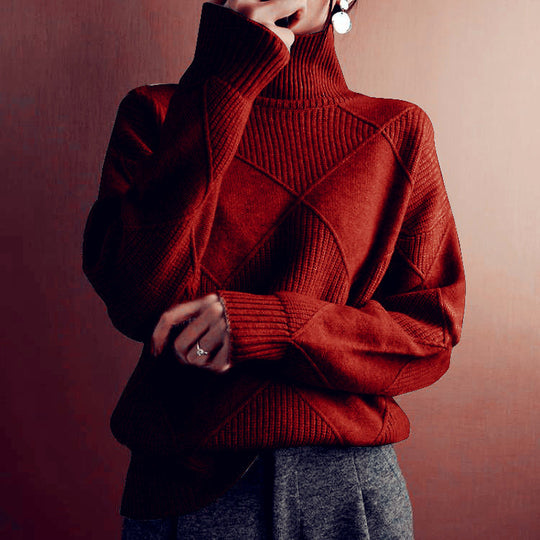 Damen nan weit geschnittener Strickpullover mit hohem Rollkragen und Rautenmuster Shop Nory
