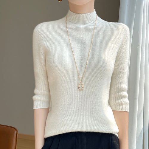 Damen Kurzarm-Mockneck-Pullover mit flauschiger Angora‑Optik Shop Nory