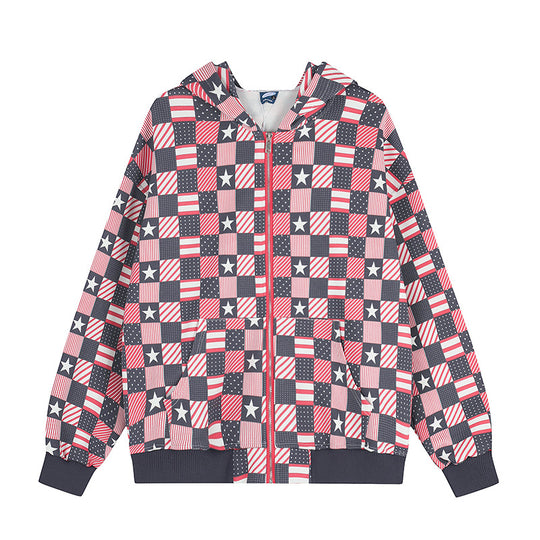 Damen Zip-Kapuzenjacke mit Allover-Patchwork-Sternen- und Streifenmuster Shop Nory