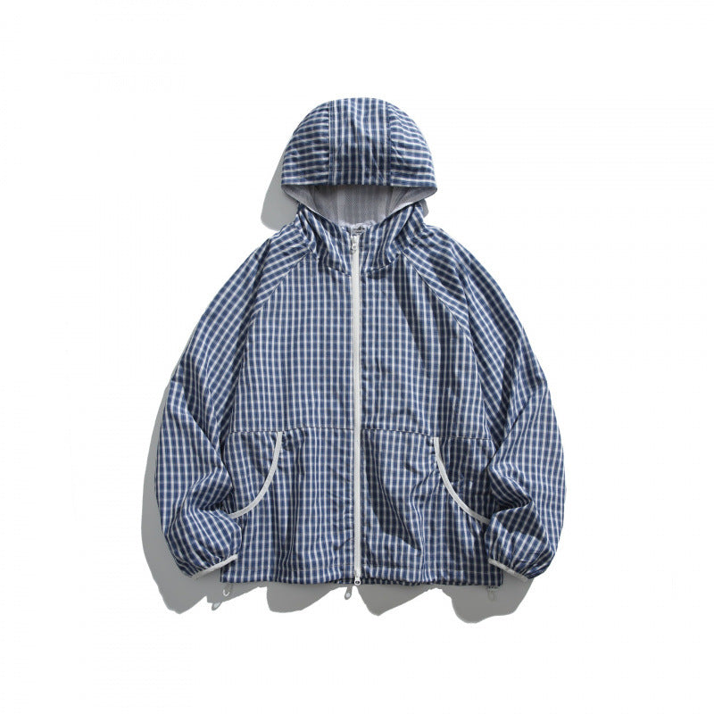 Unisex Leichte Kariert Windbreaker-Jacke mit Kapuze, Raglanärmeln und Kordelzug Shop Nory