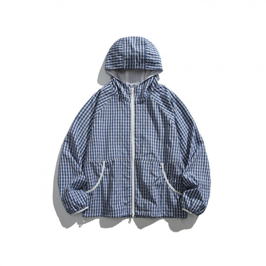 Unisex Leichte Kariert Windbreaker-Jacke mit Kapuze, Raglanärmeln und Kordelzug Shop Nory