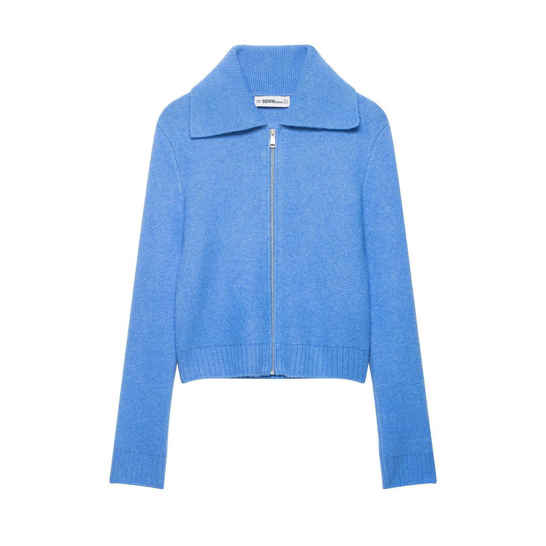Damen Grobgestrickte Kurzjacke mit Reißverschluss, weitem Kragen und geripptem Saum Shop Nory