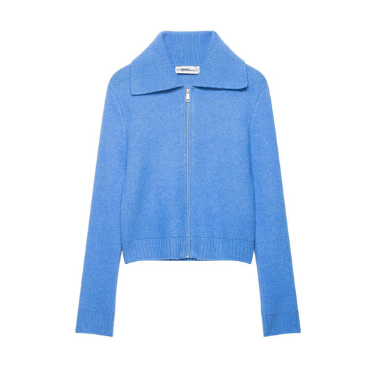 Damen Grobgestrickte Kurzjacke mit Reißverschluss, weitem Kragen und geripptem Saum Shop Nory