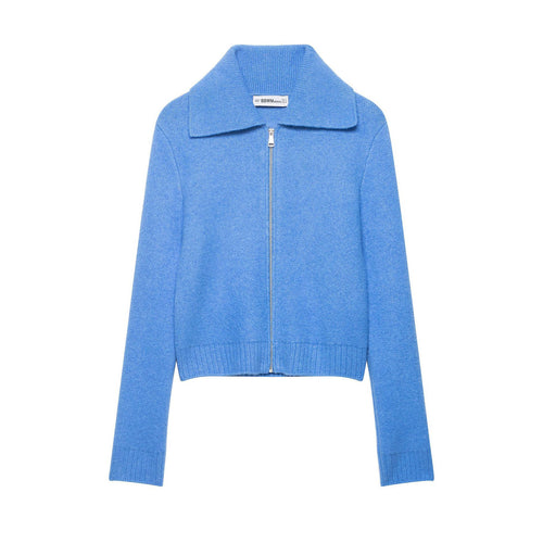 Damen Grobgestrickte Kurzjacke mit Reißverschluss, weitem Kragen und geripptem Saum Shop Nory