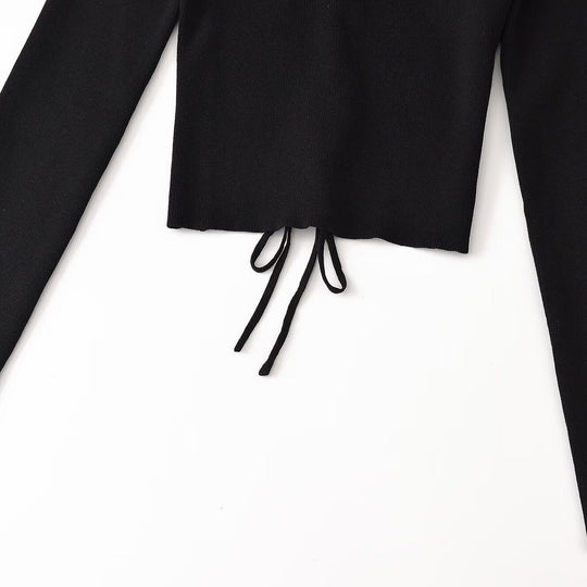 Damen Cropped Feinstrick-Top mit tiefem V‑Ausschnitt, dekorativer Schnürung vorne und Tunnelzugsaum Shop Nory
