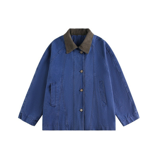 Unisex Kurz geschnittener Boxy-Jeansblouson mit Cordkragen und tonalen Ziernähten Shop Nory