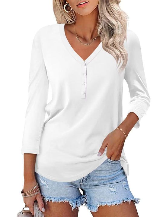 Damen Langarm T-Shirt mit Knopfleiste und V-Ausschnitt