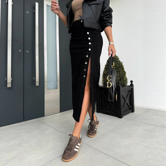 Damen Baumwoll-Denimrock mit Knopfleiste und Schlitz