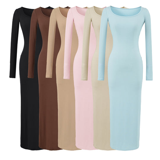 Damen Figurnahes geripptes Midikleid mit weitem Rundhalsausschnitt und langen Ärmeln Shop Nory